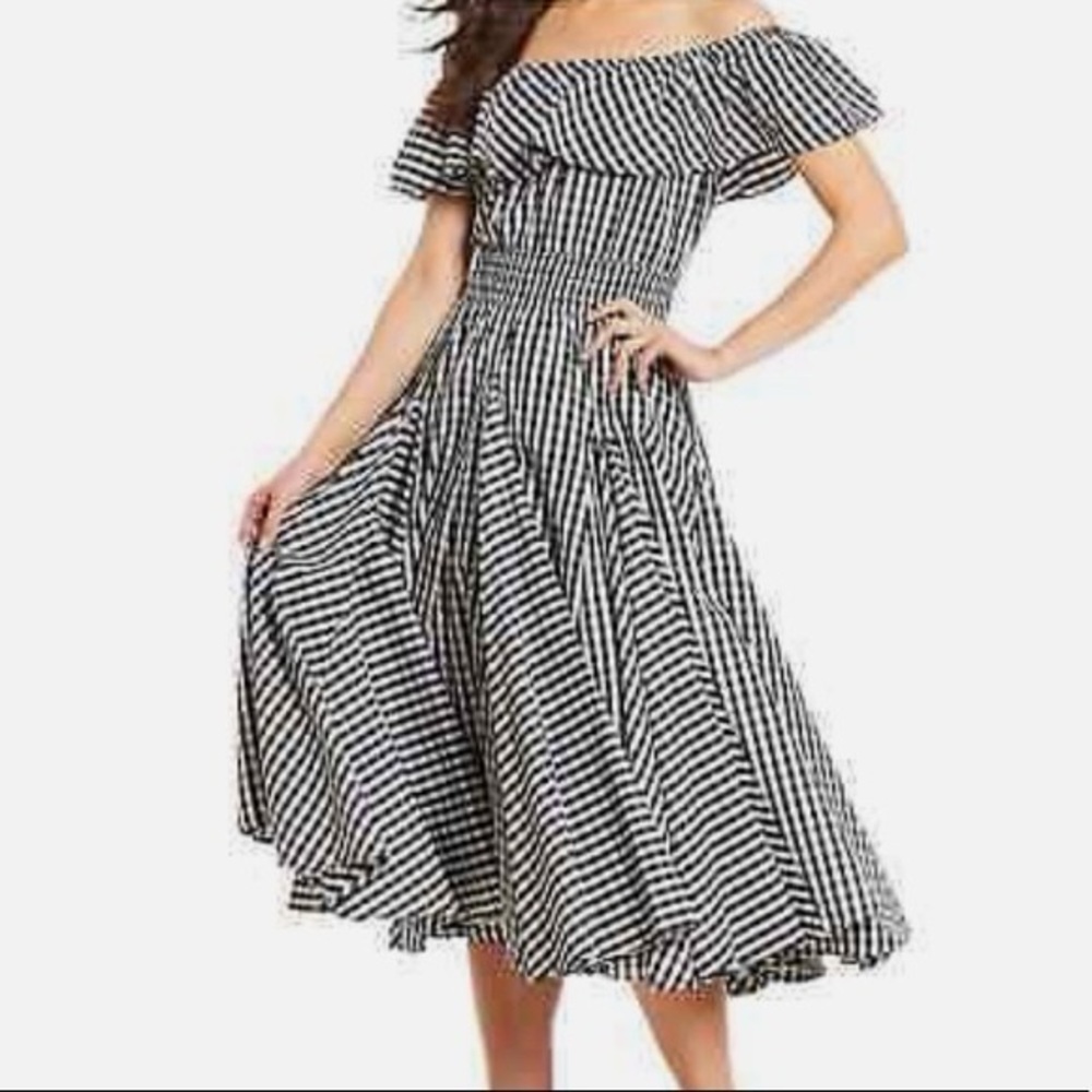 NWT Chelsea & Theodore Black & White Gingham Off the Shoulder Midi Peasant Dress